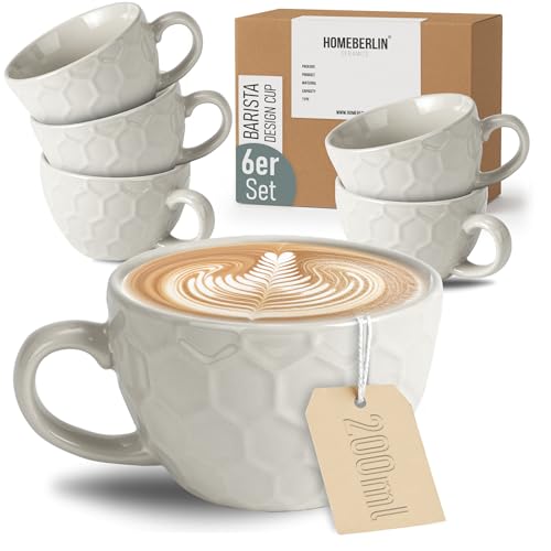 HOMEBERLIN® Barista 6er Cappuccino Tassen Set - 200ml Kaffeetassen Set - Premium Kaffee Tassen Set aus hochwertigem Steingut - 6 moderne Kaffeetassen aus 100% Handfertigung - Dickwandige Kaffee Tasse