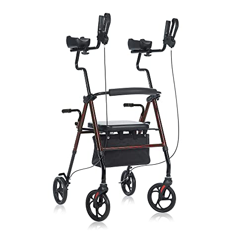 BEYOUR WALKER Upright Walker with Padded Seat & Backrest, Large Under-seat Basket for Seniors, Flame Red