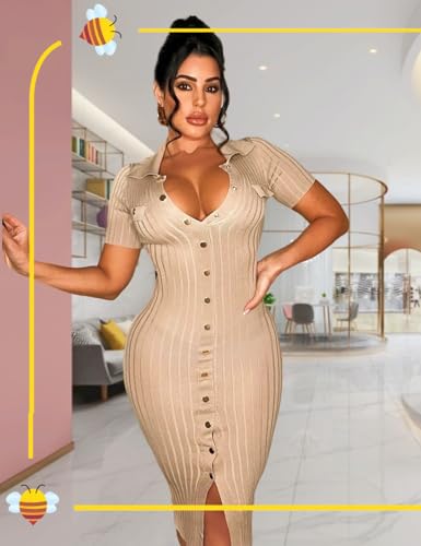 Image of Women's Fashion Sexy Elegant Comfortable Fit Vital V-Neck Knitted Short Sleeve Dress