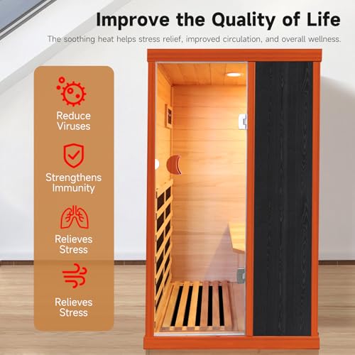Image of OUTEXER 1 Person Sauna Far Infrared Sauna 1200W Indoor Home Sauna Low EMF 110V with Control Panel 7 Color Light 28.7 * 35.2 * 61.4 inch