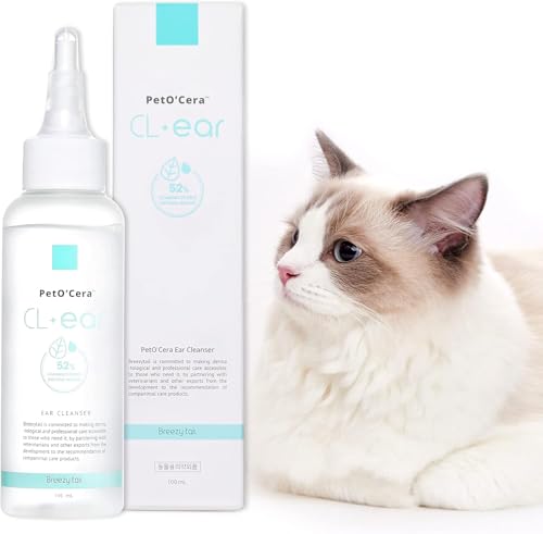 Image of Breezytail PetO'Cera CL'Ear Ear Cleaner for Dogs & Cats with 52% Hinoki Cypress Water, Soothes Itching & Irritation, Cleans & Deodorizes, Alcohol-Free & Gentle Formula, (3.39 oz /100ml)