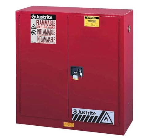 Image of Justrite 40 Gallon Self Close Paint and Ink Safety Cabinet, 18 Gauge Steel, 3 Shelves, 43 inch x 44 inch x 18 inch, 2 Door Combustibles Cabinet, Made in The USA, Red, 893031