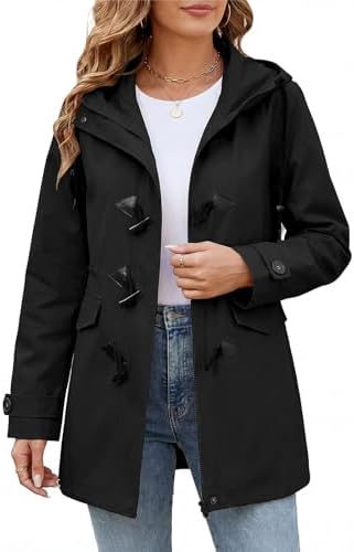 Tuopuda Damen Übergangsjacke Frühling Herbst - Mittellange Vintage Hornknopf Baumwolljacke mit Kapuze, Elegant Parka Verstellbarer Taillenkordelzug, Leichte Atmungsaktiv Freizeitja