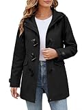 CMTOP Übergangsjacke Damen Baumwolle Softshelljacke mit Kordelzug Elegant Hooded Übergangsmantel mit Hornschnalle Leichte Atmungsaktiv Jacke Outdoor Parka für Frühling Sommer Herbst(Schwarz, M)