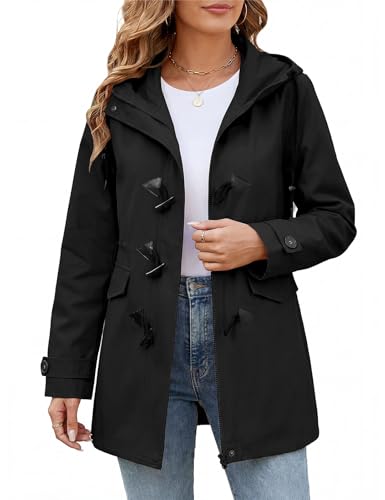 CMTOP Veste Femme mi Saison Parka en Coton avec Boutons en Corne Élégante Blouson avec Capuche Manteau Décontracté Militaire Printemps Automne Zipper Outwear Léger Chic avec Poches(Noir, M)