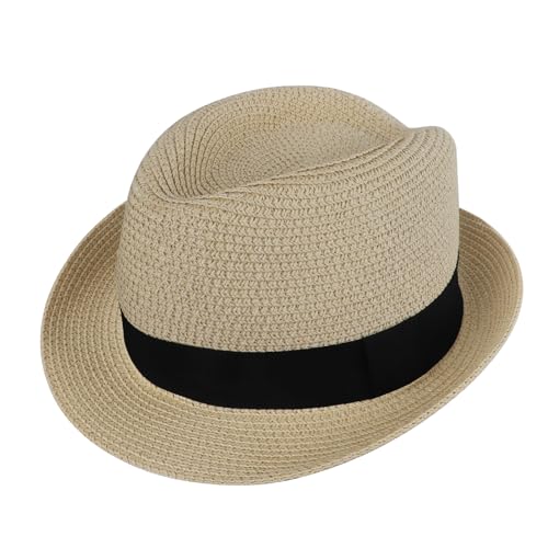 Kids Floppy Straw Fedora Sun Hat UPF 50+ Foldable Panama Style Summer Beach Hat Short Brim Straw Hat for Boys Girls