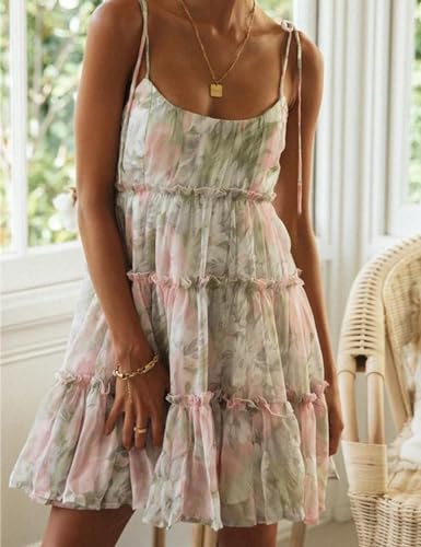 Image of Gihuo Womens Floral Mini Dress Boho Flowy Skater Spaghetti Strap Ruffle Sleeveless Beach Dress 2026 Summer Sundresses