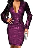SeNight Women's Bodycon Dress Sexy Deep V Neck Long Sleeve Sparkly Rose Mini Clubwear Ruched Belt for Cocktail Night Club Dress
