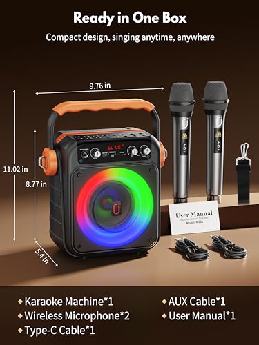 Karaoke Machine with 2 Wireless Microphones: HWWR Portable Karaoke Bluetooth 5.3 Light Speaker, PA System Home Party with Subwoofer, Disco Lights, Supports TV/REC/FM/AUX/USB/TF for Gifts Adult Kids - Thumbnail 4