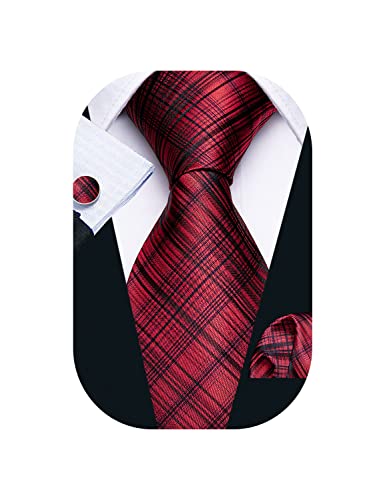 Image of Barry.Wang Tie Sets for Men Silk Stripe Necktie Woven Checkered Handkerchief Cufflinks Formal Business Wedding