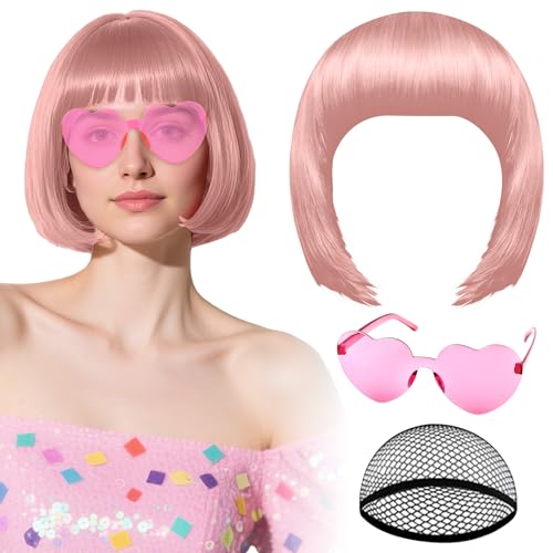 PLULON Lovely Pink Bob Wig with Heart Glasses Hair Cap Neon Color Party Wig