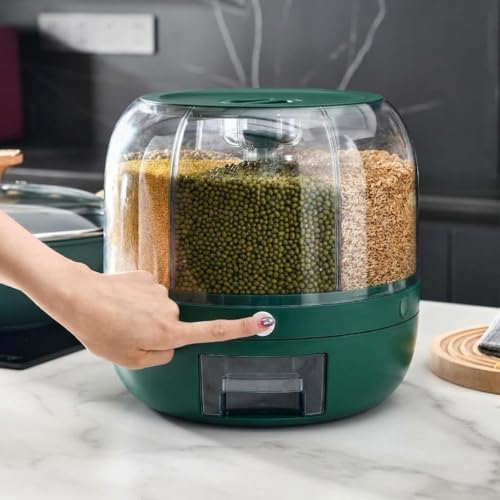 Image of Rotating Grain Dispenser for Kitchen | Multi-Compartment Food Storage Container with 6 Sections | 360 Dry Food and Cereal Organizer for Rice, Pulses, Cereal, Flour, Grains, Seeds (Green)