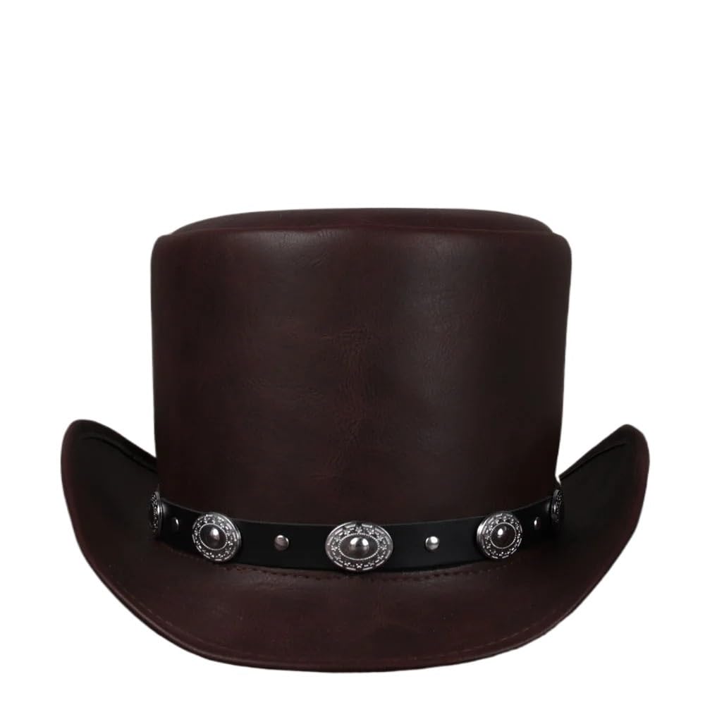 Lanshui Accessoires, 1 stuk lederen tophoed punk platte fedora hoed magische varkentaart steampunk cosplay party cap (koffiebruin, 60-61 cm