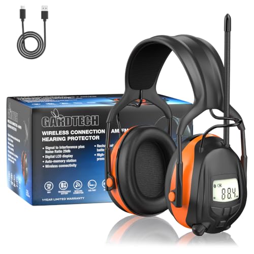 Image of Gardtech Bluetooth 5.3 AM /FM Radio Hearing Protection,29dB SNR Safety Earmuffs with Digital Display, Rechargeable Noise Cancelling Headphones for Mowing, Workshops and Snowblowing Orange