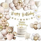 🎈Geburtstagsdeko Beige Gold Set: Comprend un 1 stück happy birthday girlande, 1 stück beige gold kreisförmige banner, 1 stück bär folienballon, 2 stück beige papierbommel, 20 stück 12 inch luftballons sandiges weiß, 11 stück 12 inch luftballons weiß, 10 stück 12 inch metallisches gold luftballons, 10 stück 5 inch luftballons sandiges weiß, 5 stück 12 inch luftballons weiß, 5 stück 12 inch metallisches gold luftballons, 2 stück folienballon(liebe,stern), 1 stück gold cake decoration,1 stück ballonkette, 1 stück ballonband, 1 stück ballon-punkte.