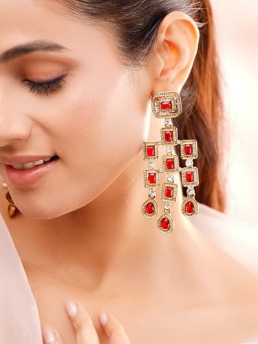 Image of Rubans American Diamond & Crystal Chandelier Earrings Stylish Trendy Jewellery Gift for Women & Girls