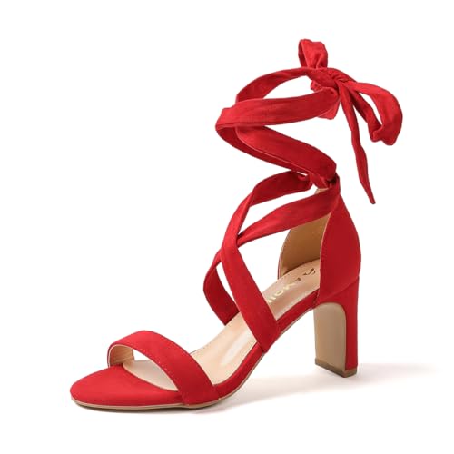 Amoji Women 3 Inch Strappy Heels Lady Heeled Sandal Strap Up Wedding Party Shoes 333 7 Red