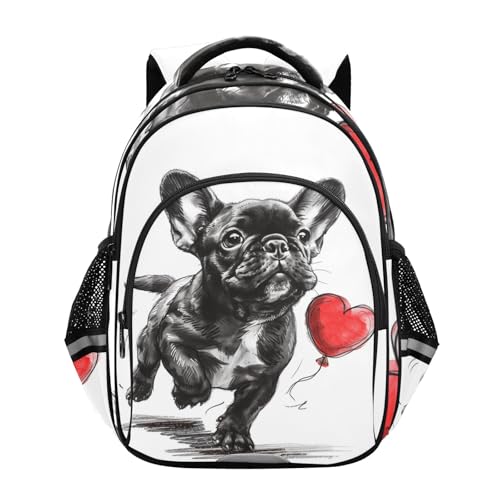 OWFKAY Mochila de viaje para niños, linda mochila de bulldog francés negro para correr con corazón rojo, mochila casual para viaje de fin de semana, Multicolor, M