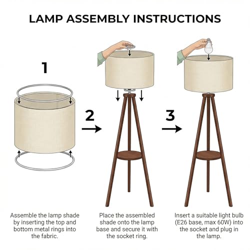 LAMSITE Wood Tripod Floor Lamp: Mid Century Standing Lamp with Shelves by LAMSITE - Used condition - Image 3