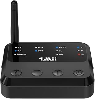 1Mii Bluetooth 5.0 Émetteur et Récepteur, Transmetteur Récepteur Bluetooth 5.0, aptX HD Faible Latence pour TV Casque Bluetooth, 15 Heures d'Autonomie Adaptateur Audio sans Fil Optique RCA AUX
