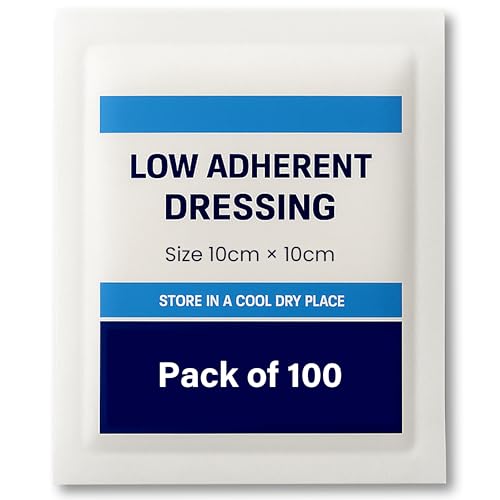Image of Low Adherent Dressing Pads 10x10cm – 100 Pack Sterile Non-Stick Wound Dressings, Soft & Absorbent Pads for Minor Cuts, Scrapes & Wounds with Light Discharge