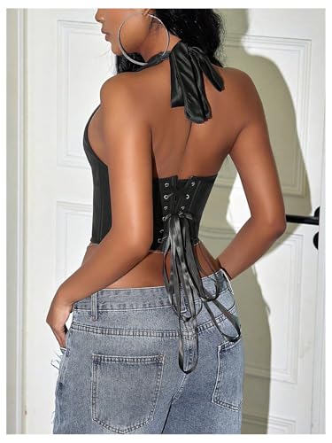 Image of WDIRARA Women's Punk PU Leather Halter Top Grommet Eyelet Tie Front Corset Crop Top