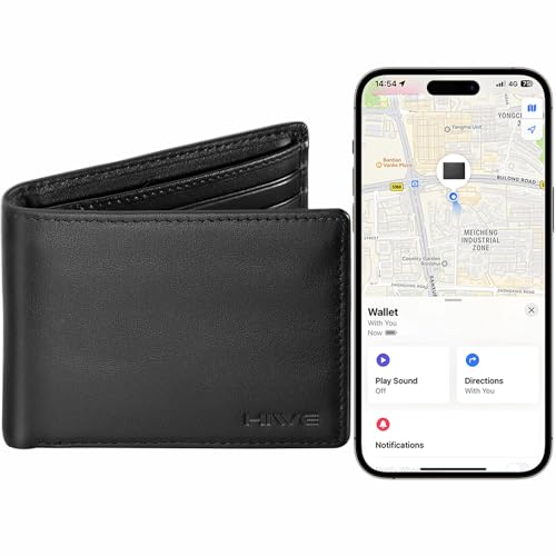 HiWe Wallet for Men with Rechargeable Find My Tracker Built-in, Bifold Genuine Leather Men Wallet, Original Design, RFID Blocking, Slim, Not for Android, Black