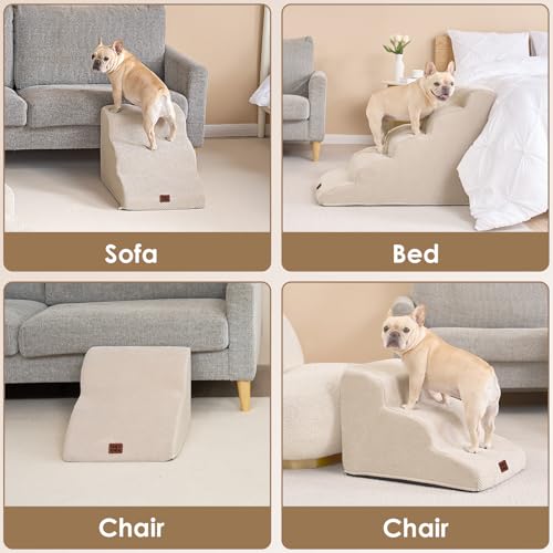 EHEYCIGA Hundetreppe für Kleine Hunde 30 cm Hoch, Haustiertreppe für Sofa Bett, Treppe für Hunde aus Hochdichtem Schwamm, Hunderampe mit Waschbarem Bezug und Rutschfestem Boden, 2 Stufen, Beige