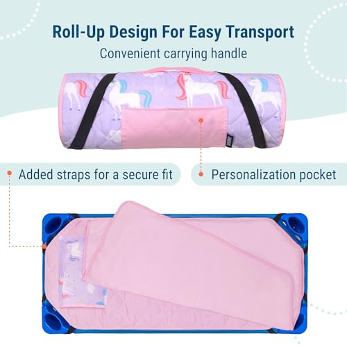 Image of Wildkin Modern Kids Nap Mat with Pillow for Girls - Soft & Cozy Cotton Blend, Elastic Straps, Toddler Sleep Mat for Daycare, Preschool, Kindergarten & Travel, Ages 3-7, Machine Washable - Unicorn
