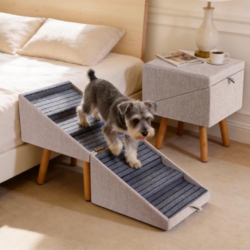 Image of Dog Stairs for Small Dogs, 2-in-1 Pet Steps & Ottoman | Foldable Dog ramp for Couch, Non-Slip Wooden Pet ramp for Puppy Senior Injured Dogs (Light Brown, XXL(21.06H))