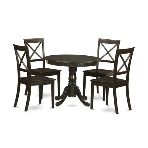 East West Furniture Juego de cocina antiguo de 5 piezas para 4 personas, incluye una mesa de comedor redonda con pedestal y 4 sillas de asiento de madera maciza, 36 x 36 pulgadas, color capuchino