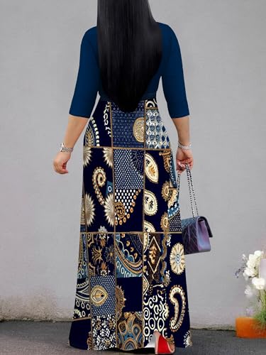 Image of PinkPatty Plus Size Maxi Dress for Women Casual V Neck 3 /4 Sleeve Boho Printed Long Dress with Pockets