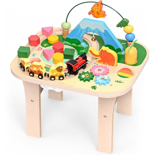 WINGYZ Baby Activity Table for 1+ Year Old Wooden Montessori Standing Center with Roller Coaster Shape Sorter Bead Maze 12 Months Baby Sensory Table Toddler Toy 1st Birthday Gifts for Boys Girls
