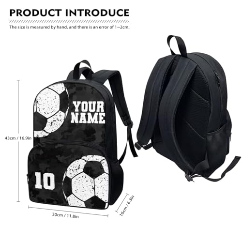 Suobstales Custom Soccer Print Backpack for Boys Girls School Bag with Lunch Bag and Pencil Case Set Black Camo Design Kids 3 in 1 Bookbag Back Packs Satchel Travel Daypack Rucksack2