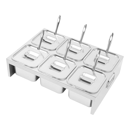 NEATOOM 6 Compartment Pizza Topping Station, 6 x 2.5 Quart Stainless Steel Condiment Containers with Lids & Spoons for Home, Pizza Parlors, Restaurants