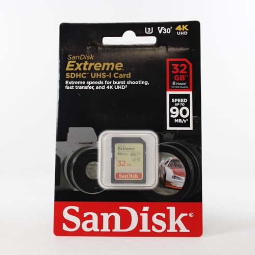 SanDisk 32GB Extreme SDHC, SDXVE, V30, U3, C10, UHS-I, 90MB/s R, 40MB/s W, for 4K Video