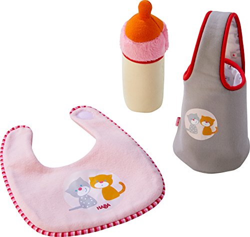 Preisvergleich Produktbild HABA 303726 - Fütter-Set Jule / Puppenzubehör für Babypuppe Jule / Set aus Lätzchen, Flasche und Flaschenhalter / Spielzeug ab 1 Jahr