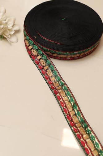 Image of Banarasi Silk Border Lace for Saree, Dupatta, Lehenga, Suit, Blouse & Home Furnishing, Crafting DIY (Green Red Gold, 9 Meters x 2 Inch)