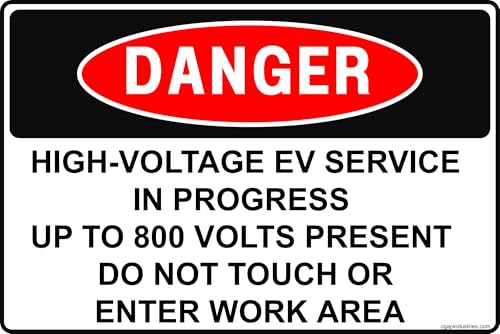CGAP Safety DANGER – High-Voltage EV Service in Progress Sign, 8x12 in Aluminum, Electric Vehicle Battery Repair Safety Sign for Auto Shops