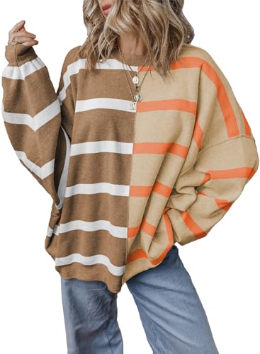 Image of EVALESS Womens Striped Sweaters Long Sleeve Cable Knitted Color Block Casual Loose Lightweight Oversized Sweaters Pullover