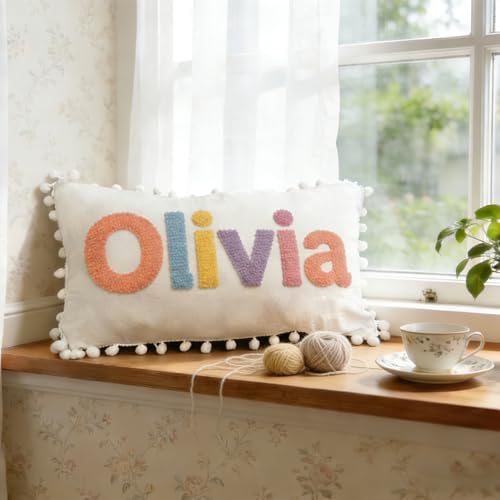 GLHFLMAO Cojín bohemio hecho a mano con pompones por Experenced Tailors, tela ultrasuave, bordado con nombre, decoración personalizada, suave con la piel del bebé, personalizado