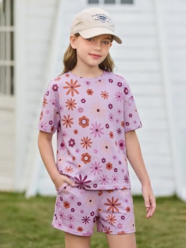 Image of Haloumoning Girls Summer 2 Piece Outfits Kids Oversized T Shirts and Shorts Clothing Sets 5-14 Years