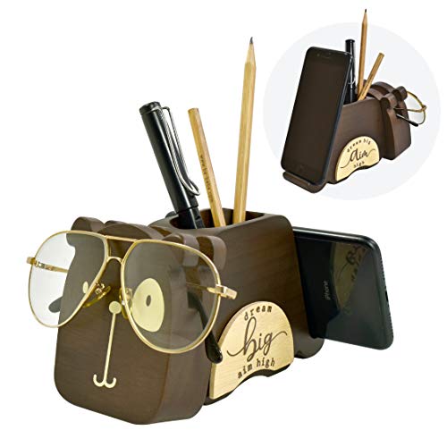 I’m Wood Multipurpose Eyeglass Phone Pen & Pencil Holder Stand Stationery Desk Organizer Accessories, For Home Office Desktop Decor Birthday Graduation Gifts “Dream Big Aim High” (Dog)