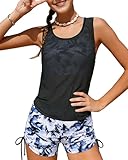 Ghteas Girls Swimsuit 3 Piece Set Black Bathing Suit Metal Ringed Straps Halterneck and Drawstring Printed Shorts Water Sports Fashion Swimwear for Tween Girl 11-12