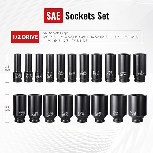 Image of Reniteco 25-Piece 1 /2 inch Drive Socket Set, SAE (3 /8 inch- 1-1 /2 inch), Deep Sockets, Extension Bars, 1 /2 inch F to 3 /8 inch M Reducer,3 /8 inch F to 1 /2 inch M Reducer, Universal Joint, 6 Point Design, Cr-V