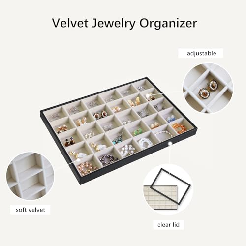 Image of Wudygirl Jewelry Organizer 30 Grid Jewelry Tray with Lid Earring Holder Organizer for Women Ring Earring Bracelet Holder Storage (Pu Black Beige)