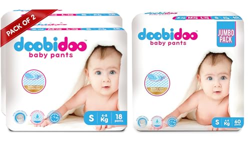 Image of Doobidoo Baby Diaper Pants - Small Size | High Absorbency with Bubble Soft Cotton Topsheet, Anti-Leak Side Cuffs & Rash-Free Comfort | Gentle Protection for Babies (4-8 kg) - Pack of 3 | 96 Count