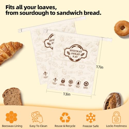2 Pack Beeswax Bread Bags for Sourdough Homemade Bread, linen bread bags | Natural Beeswax Lining, Reusable Storage, Keep Loaves Fresh, Freezer-Friendly, 13x17inch Large Capacity, Fits Artisan Bread - image 3