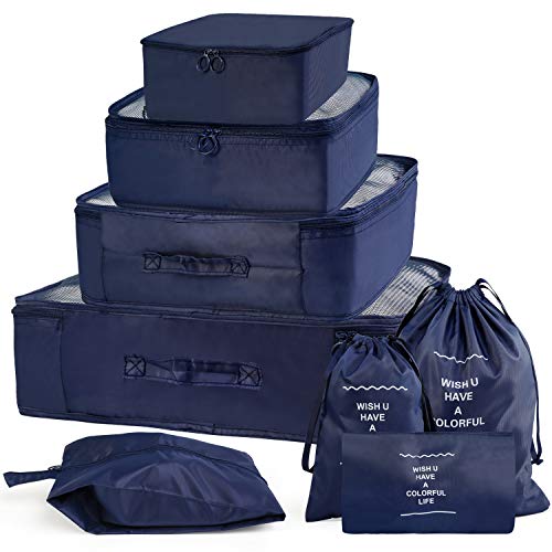 Preisvergleich Produktbild LinStyle Gepäck Organizer, 8-teilig Kleidertaschen Verpackungswürfel Gepäck Aufbewahrung Taschen für trockene Kleidung, Schuhe, Unterwäsche, Kosmetik, Bücher, Süßigkeiten (Navy)