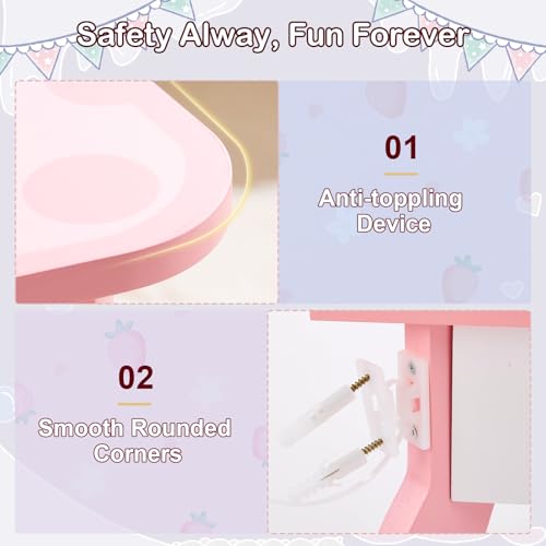 Image of Girls Vanity Table and Chair Set,Wooden Vanity Set with Mirror & Stool,Makeup Desk,Makeup Dressing Princess Table with Drawer for Girls & Boys (White)